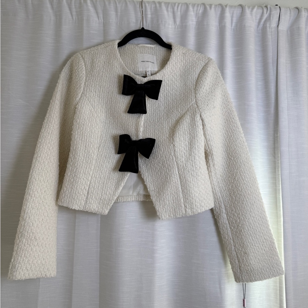 Avec Les Filles Cream Tweed Jacket Bow Detail Cropped Blazer | NWT Size XS - Picture 8 of 16